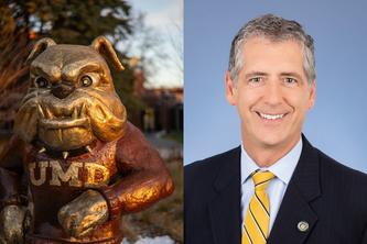Split image. Left side: UMD Bulldog statue. Right: Headshot of Charles Nies 