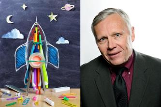 Rocket drawing with school supplies on a table next to a headshot of Brad Hokanson
