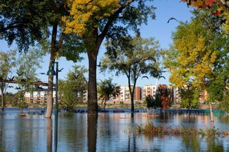 Harriet Island in Saint Paul Minnesota after floodwaters have overtaken Mississippi River shoreline and surroundings