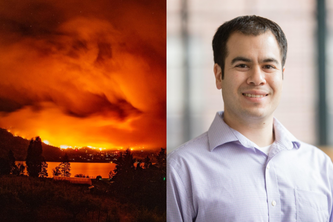 Professor Jesse Berman and an image of a wildfire