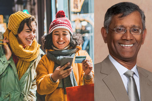 Diptych of a stock photo and portrait. [Left] Photo by Getty Images of two holiday shoppers. [Right] Carlson School of Management Professor George John.