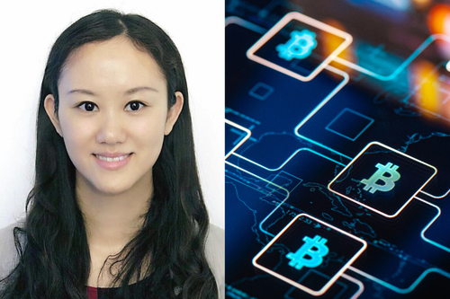 Vivian Fang on the left and cryptocurrency on the right.