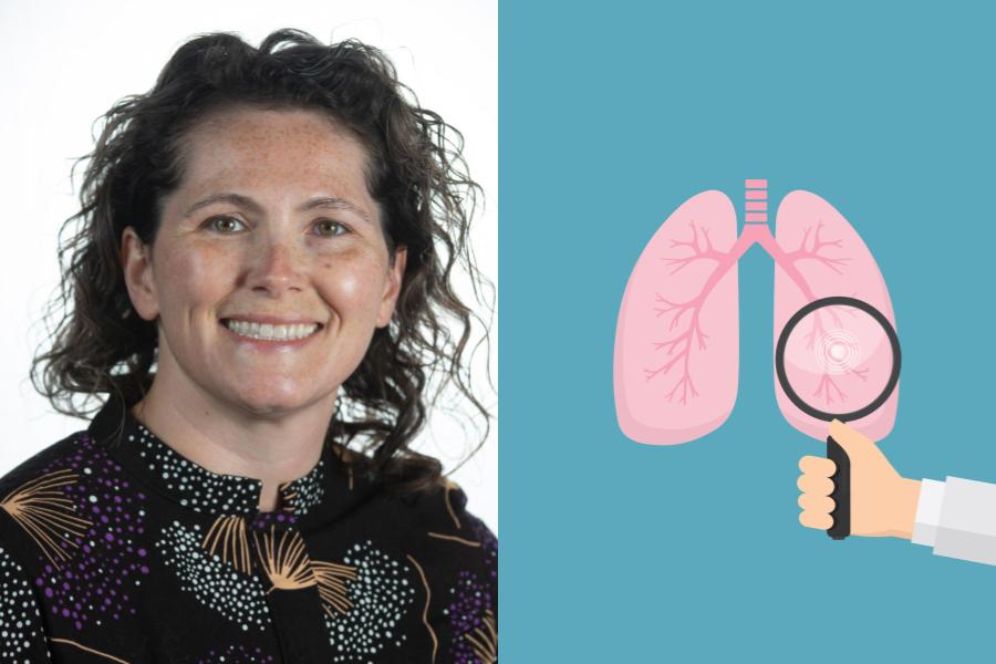Image of Dr. Abbie Begnaud next to a stock image of a pair of lungs.