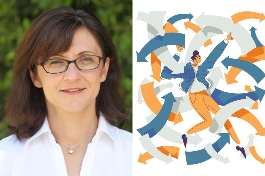 Image of Dr. Lidia Zylowska next to a cartoon image of an adult surrounded by multicolored arrows, pointing in different directions.