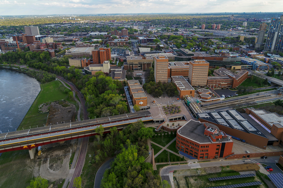 Aerial view of the west bank of the Twin Cities campus