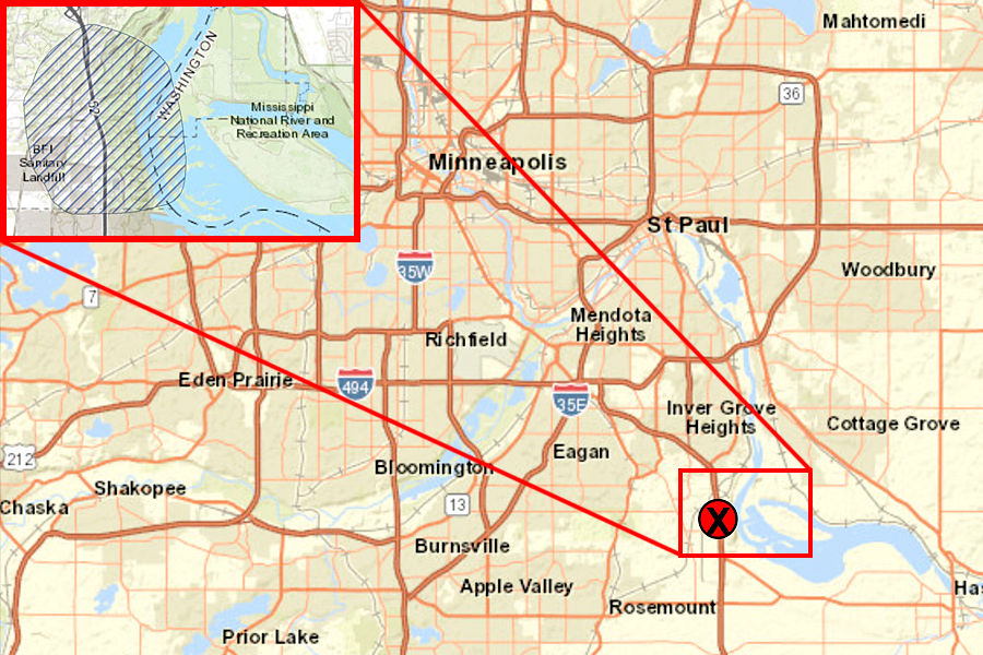 A map shows the meteor crash site in relation to the Twin Cities with an inset showing a closeup of the site on the Mississippi River.