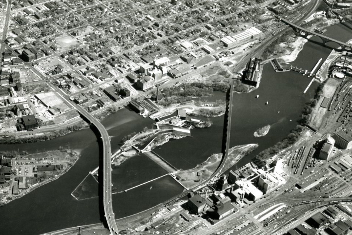 Aerial view of the Minneapolis waterfront in 1942.