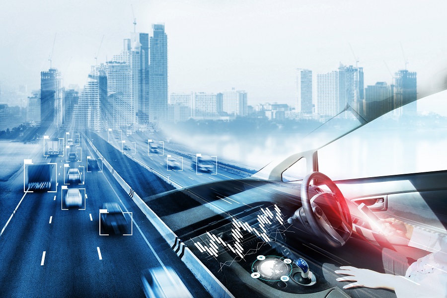 Futuristic image of person driving a car outside of a city.