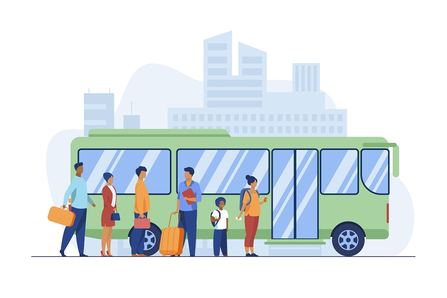 Digital drawing showing a group of people in front of a public transportation-style bus with a city skyline in the background.