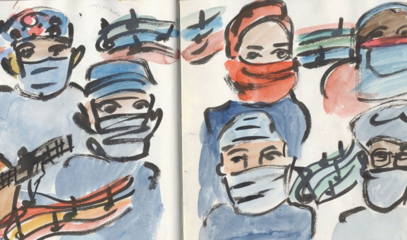 Artwork portraying medical practitioners with masks
