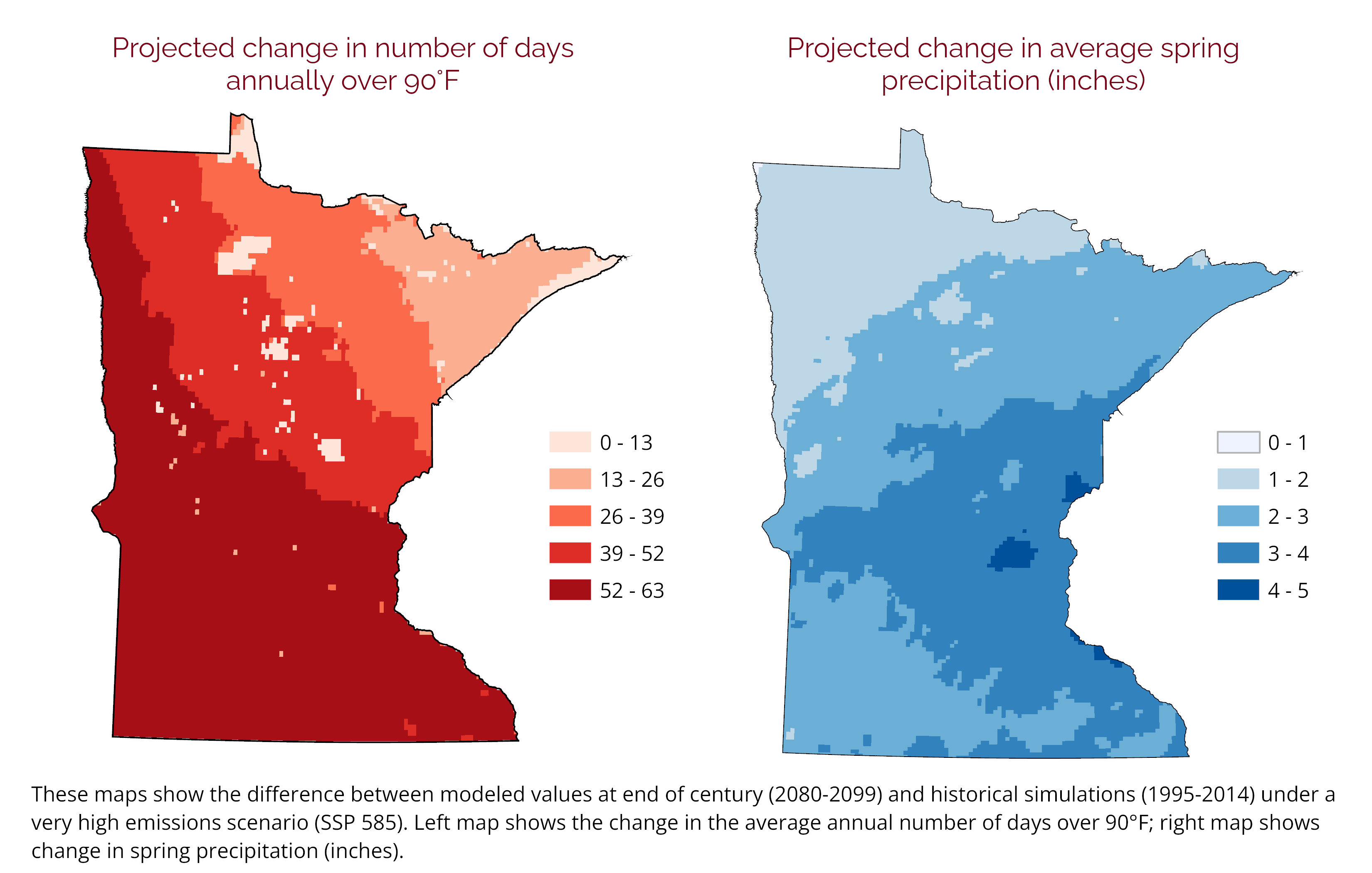 Side by side of two maps of Minnesota showcasing different climate data. 