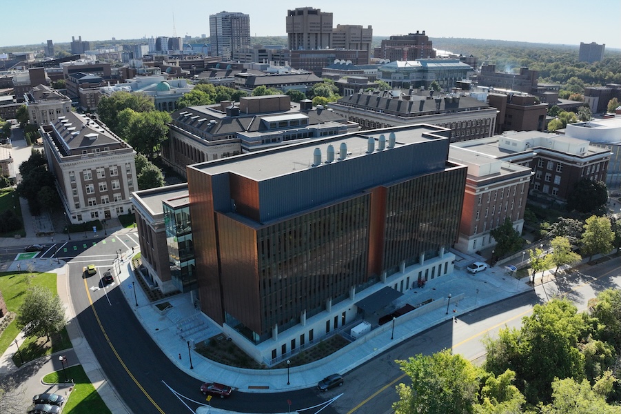 Aerial view of the newly expanded labs at Fraser Hall and the East Bank portion of campus, facing East.