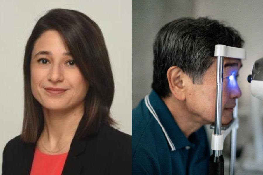 Image of Dr. Huda Sheheitli next to an image of a man getting an eye scan, his head resting on a chin rest as a machine shines blue light into one of his eyes.
