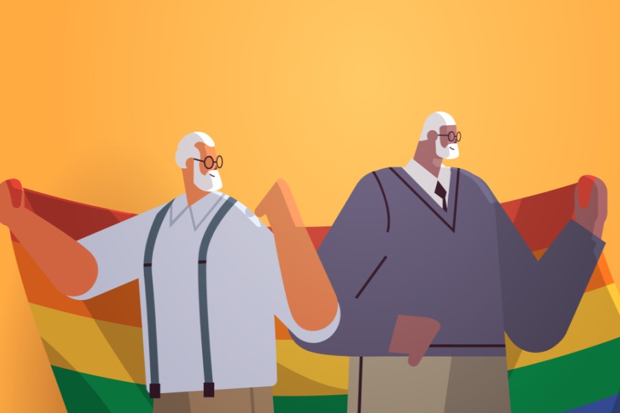 Illustration of two men with white hair and bears holding up a rainbow flag.