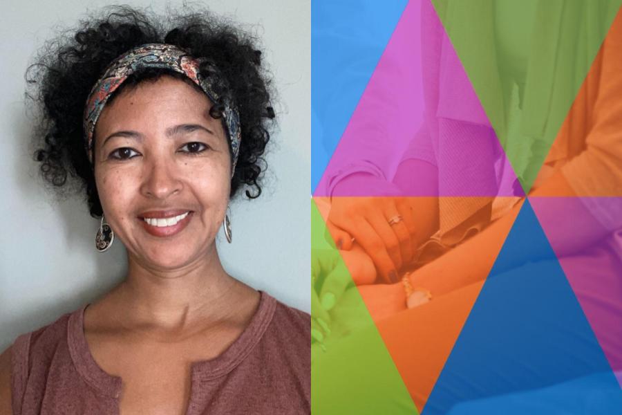 Image of Dr. Rahel Nardos next to a graphic from the Minority Health Month PR package of colorful triangles overlaid on a set of hands.