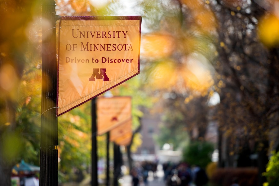 Image of a flag on a banner on a light pole that says: University of Minnesota, Driven to Discover.