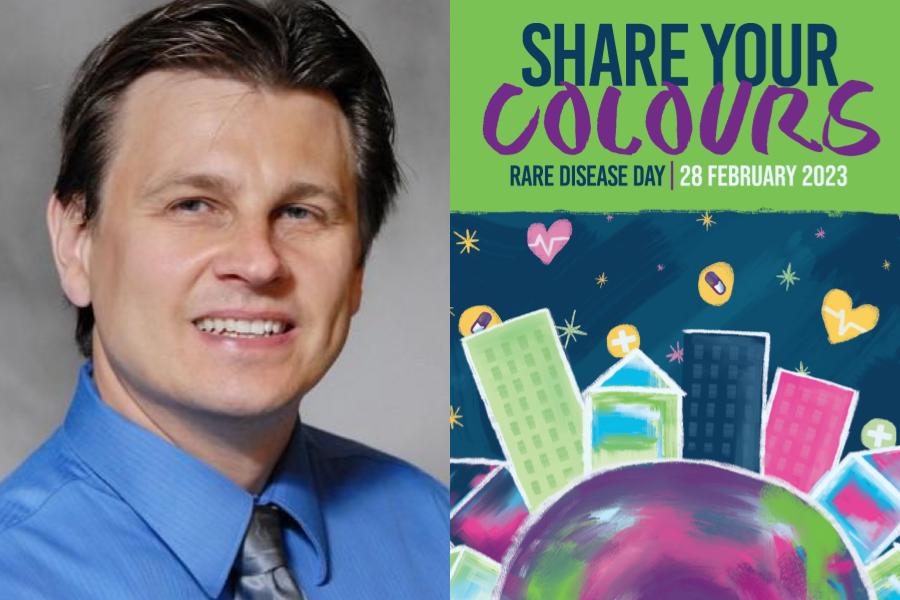 Image of Dr. Troy Lund next to the 2023 Rare Disease Day poster, which says "Share your Colours" and has an illustrated graphic of a city skyline.