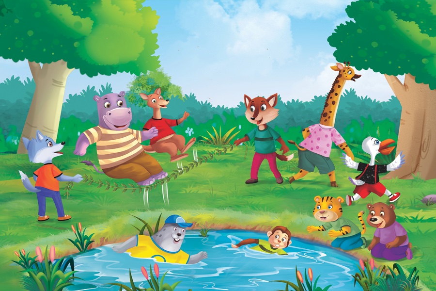 An assortment of animals in children's clothes play jump rope and swim in a pond.