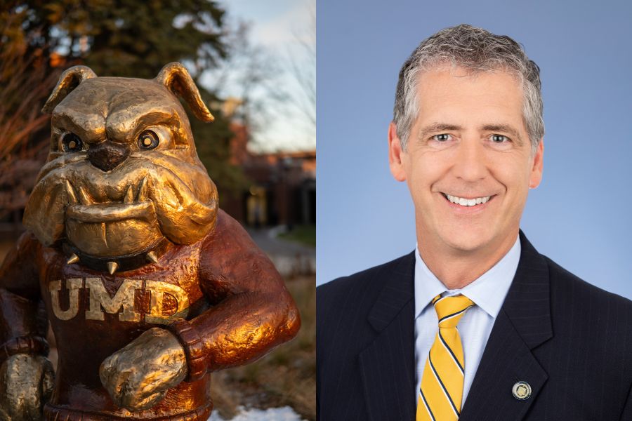 Split image. Left side: UMD Bulldog statue. Right: Headshot of Charles Nies 