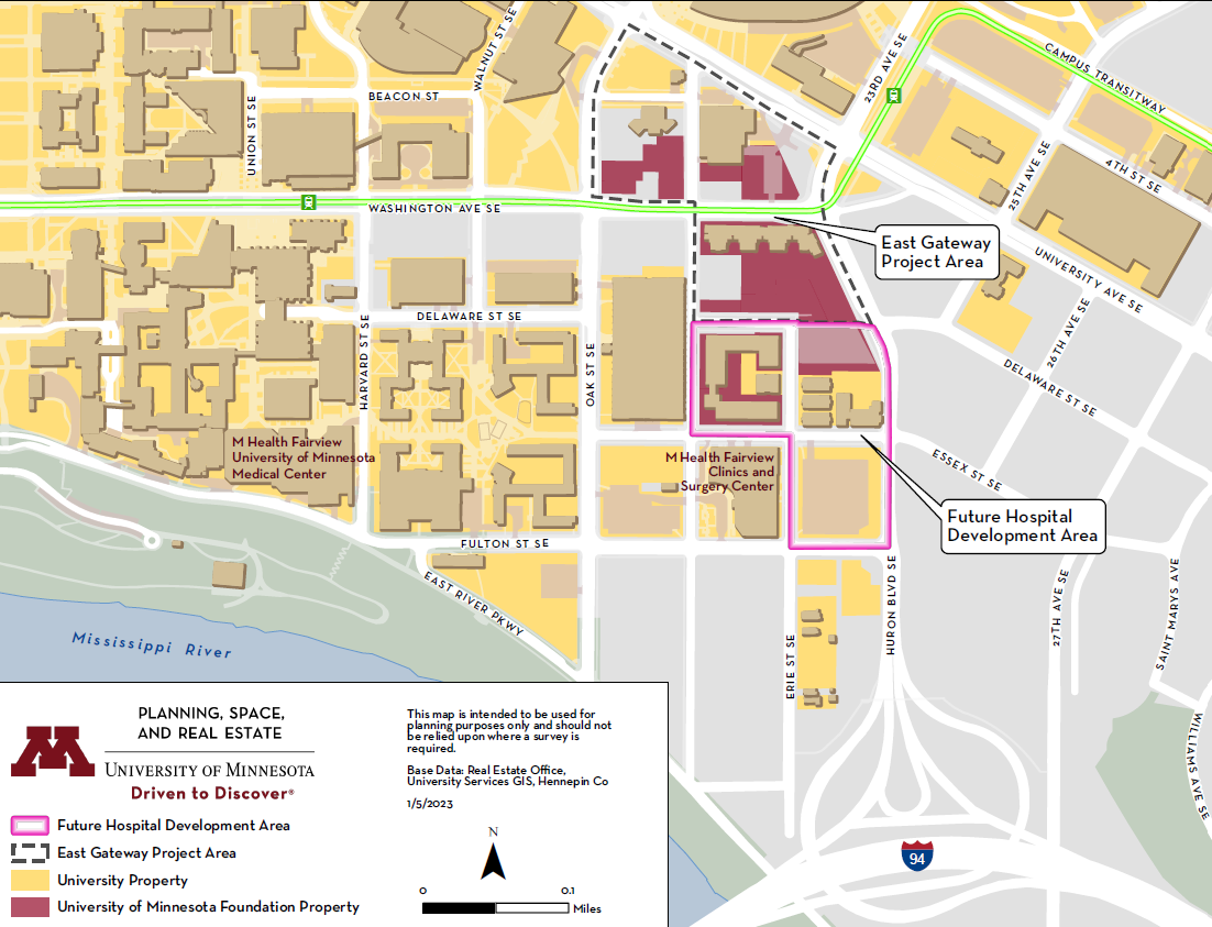 U of M campus map with highlighted buildings on the right side.