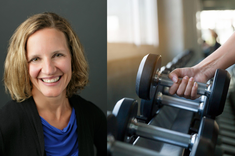 Left: Portrait of Professor Beth Lewis. Right: Hand grabbing a dumbbell from a gym.