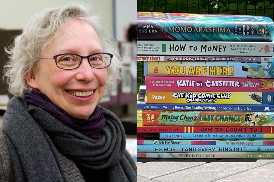 Image of Lisa Von Drasek next to an image of a stack of children's books. 
