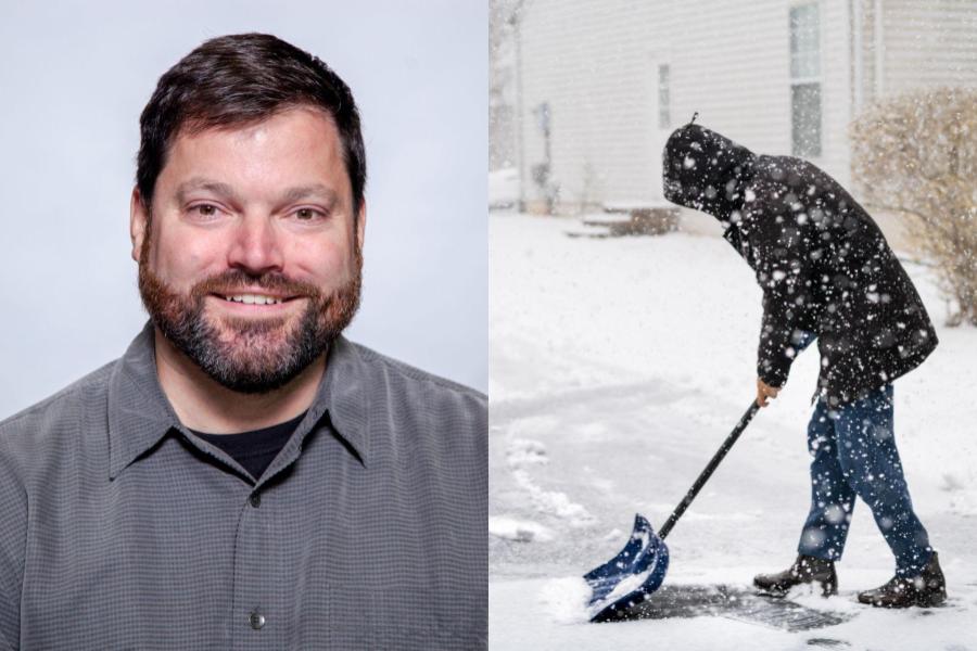A portrait of Gabriel Ruegg next to an image of a man in a winter coat shoveling a driveway in a heavy snowstorm by a residential house.