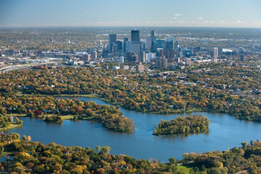 Autumn aerial view of Minneapolis, Minnesota, taken from the south looking north of Lake of the Isles.