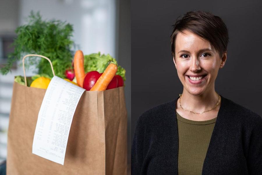 Alt Text: An image of a shopping bag standing on a table with a shopping receipt hanging down from the bag next to a headshot image of Extension Educator Susie West. 