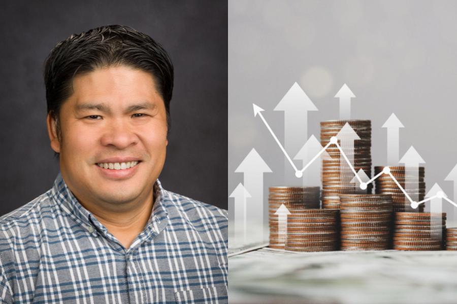 A photo of Extension Educator Dung Mao next to an image of a stack of silver coins with a trading chart in financial concepts.