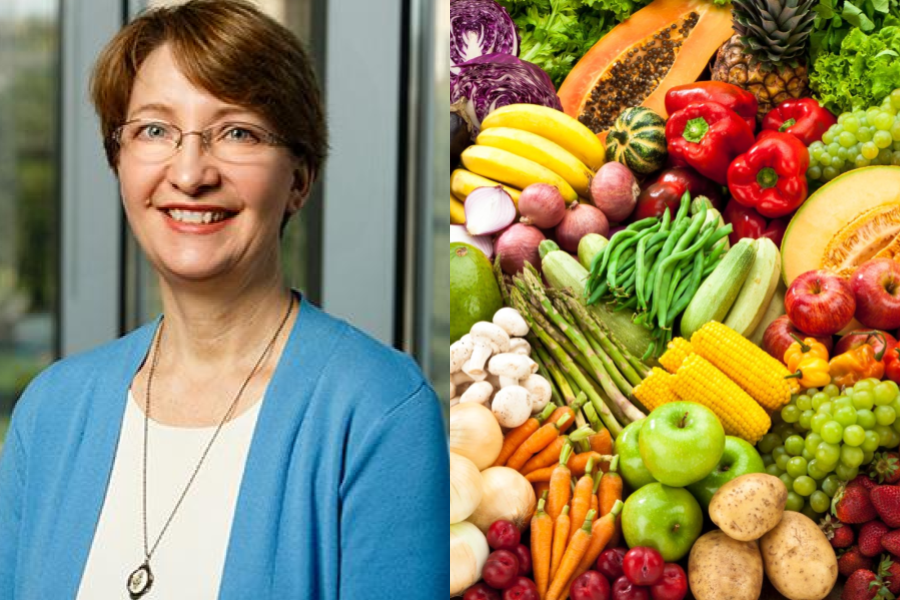 Professor Jamie Stang and an image of fruits and vegetables