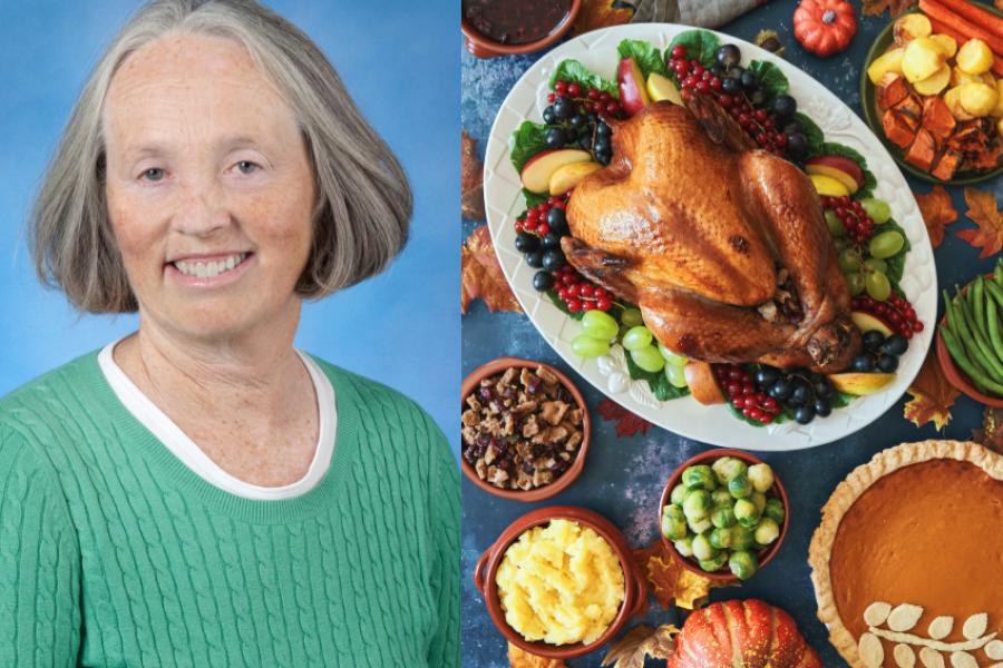 Professor Joanne Slavin next to an image of a holiday meal. 