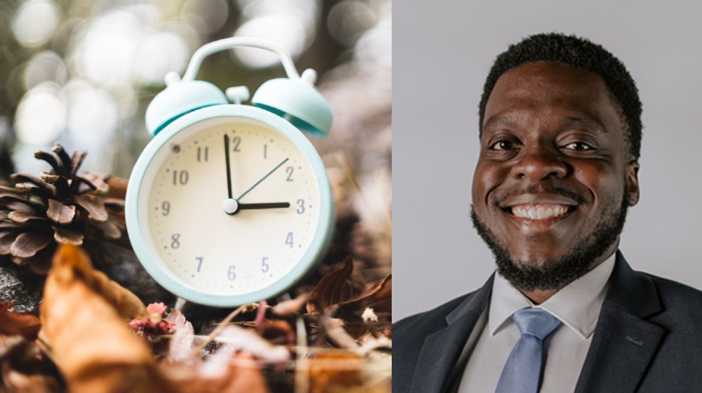 Image of Dr. Akinbolaji Akingbola next to an image of a clock.