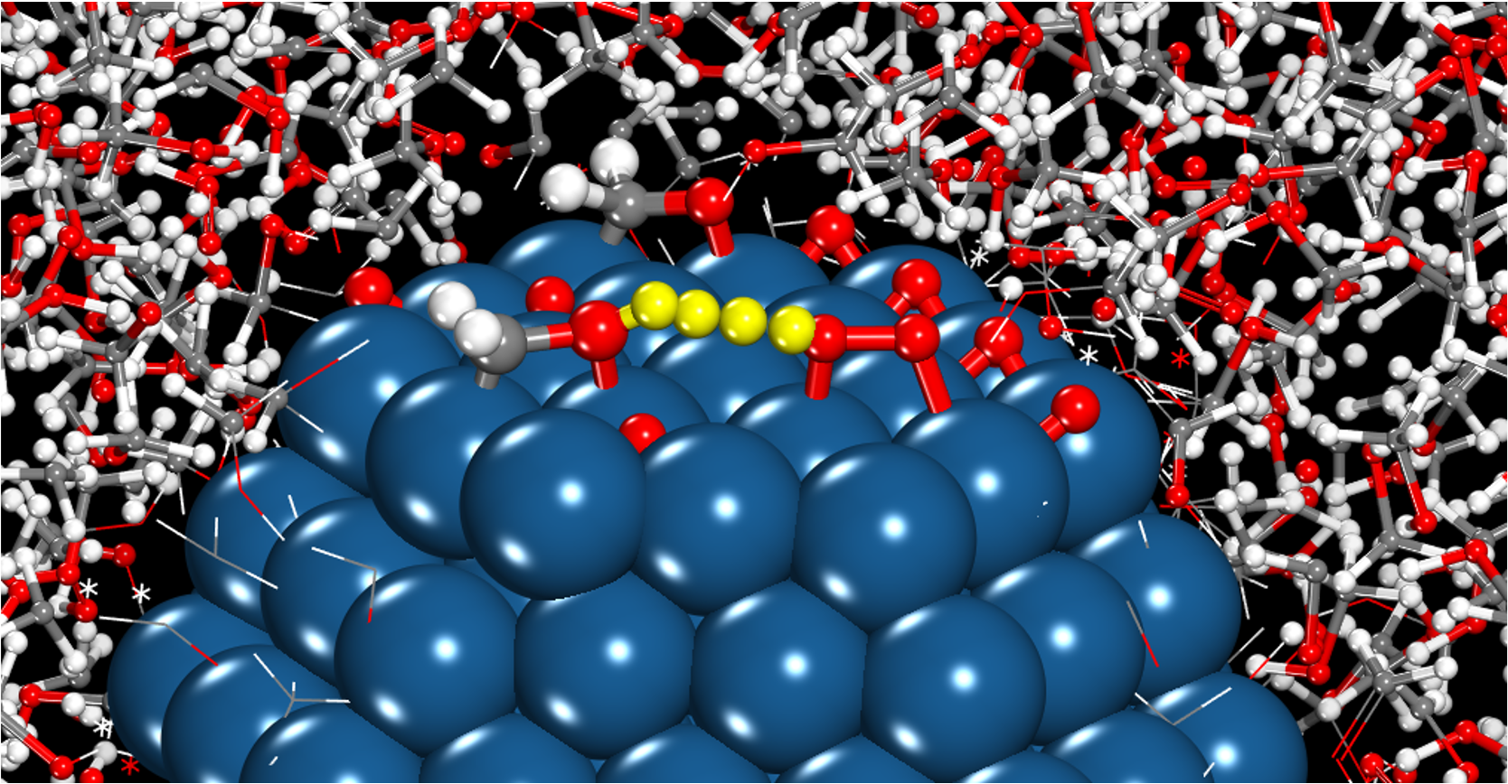 This illustration shows the structures of the hydroxymethyl mediator on the palladium nanoparticle in methanol solution reacting (transferring a proton and electron) with adsorbed oxygen molecule. Credit: Neurock Group, University of Minnesota