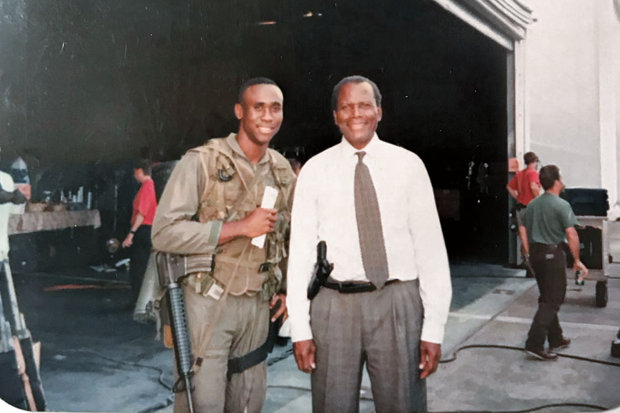 Shannon Gregory poses with iconic actor Sidney Poitier on the set of The Jackal in 1996. Photo: Courtesy of Shannon Gregory