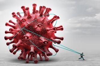 Illustration of a person pulling a very large COVID-19 molecule behind them.
