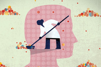 A graphic showing a person sweeping out an image of a brain.