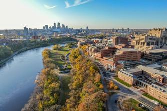 Aerial view of the Twin Cities campus and Mississippi River