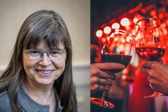 Image of Dr. Sheila Specker next to an image of two hands toasting wineglasses filled with dark liquid.