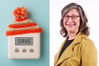 Image of the word SAVE on a digital room thermostat wearing wooly hat next to an image of Professor Missy Bye