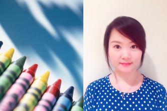  Image of colorful crayons next to a headshot of Cecilia Xi Wang, an assistant professor in the College of Design. 