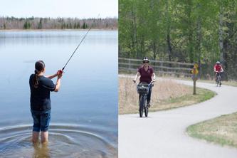 An image of an angler in a lake next to an image of bikers on a path. 