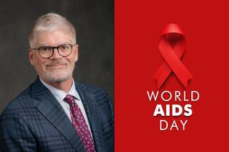 Two images next to one another - one a headshot of Dr. Tim Schacker on the left, the other a red background with a red ribbon on top with the text World AIDS Day below it. 