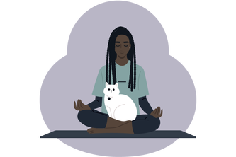illustration of young Black woman with long braided meditating with fluffy white cat on her lap