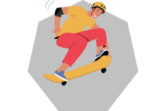 illustration of youth wearing bright yellow and red clothes skaeboarding