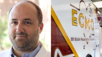 Image of Dr. Milo Yannopoulos next to an image of the outside of the MN Mobile ECMO truck