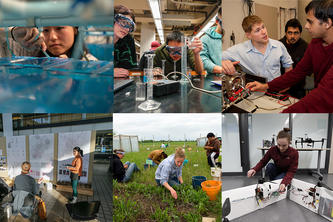 Six-photo image showing students engaged in research across the University of Minnesota 