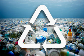 An image of plastic waste with a recycle-symbol overlay