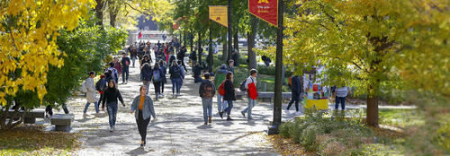 Students walking on the mall in the fall