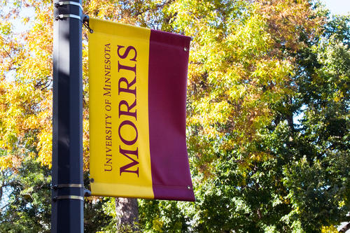 A Maroon and Gold sign with the words University of Minnesota Morris on it hangs from a lightpost on an autumn afternoon on the Morris campus
